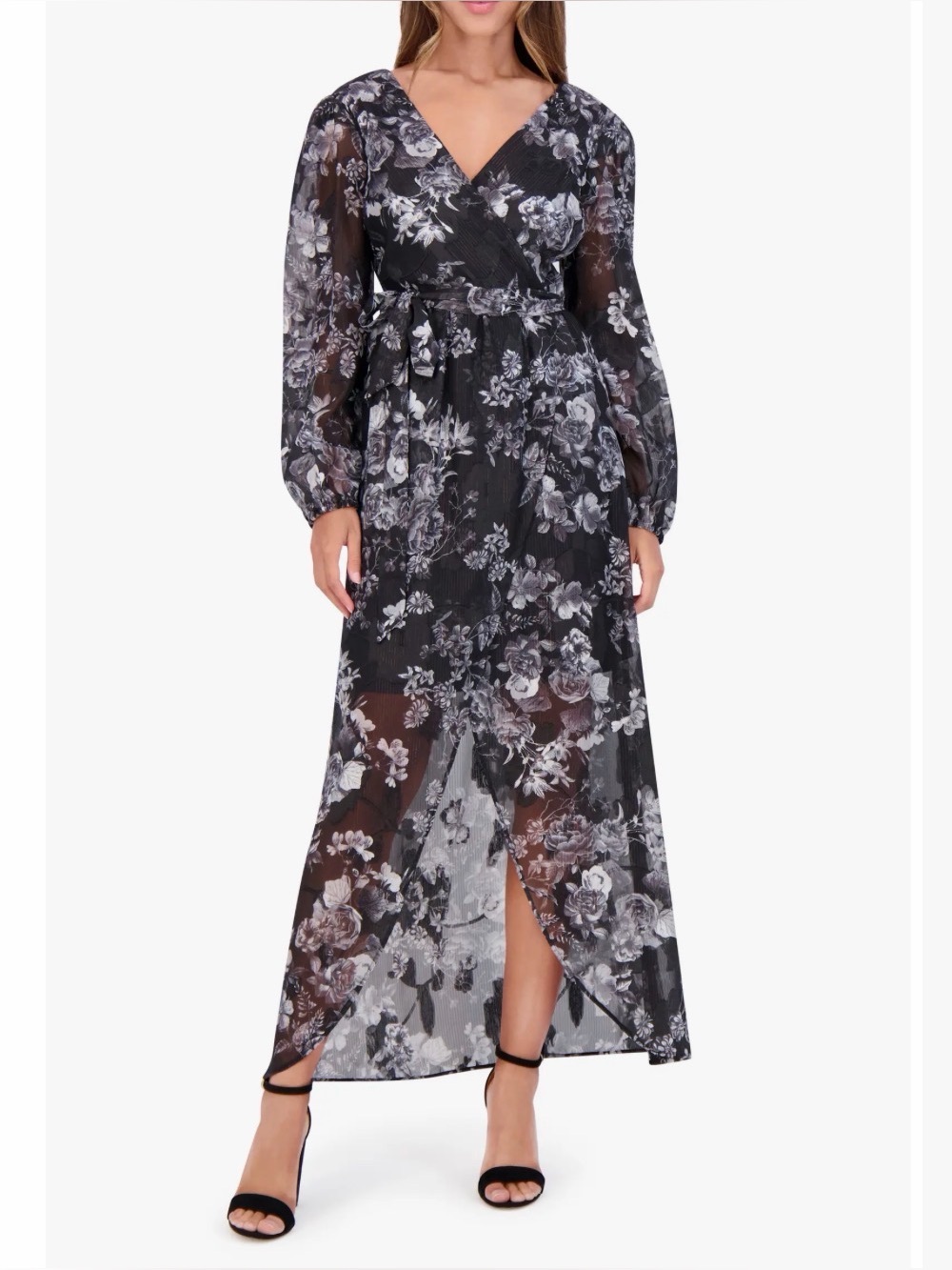 NWT Black Floral Metallic Siena Long Sleeve Wrape Maxi Dress ~8